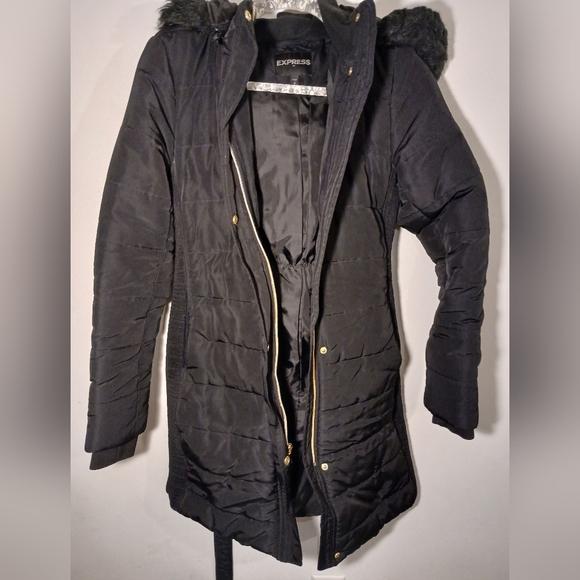 Express Hooded Black Puffer Coat with Gold Details - Picture 8 of 11